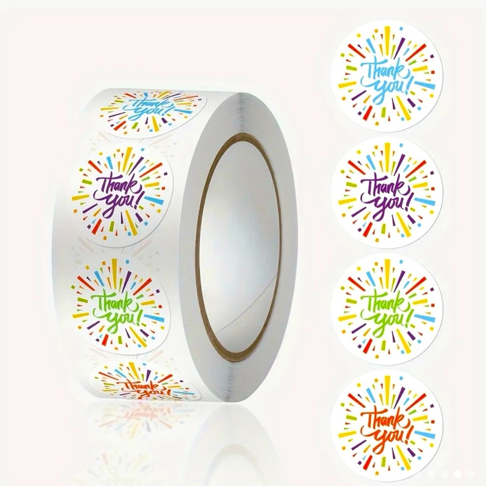 Roll of 500 Round Confetti Thank You Stickers Bright Colors.